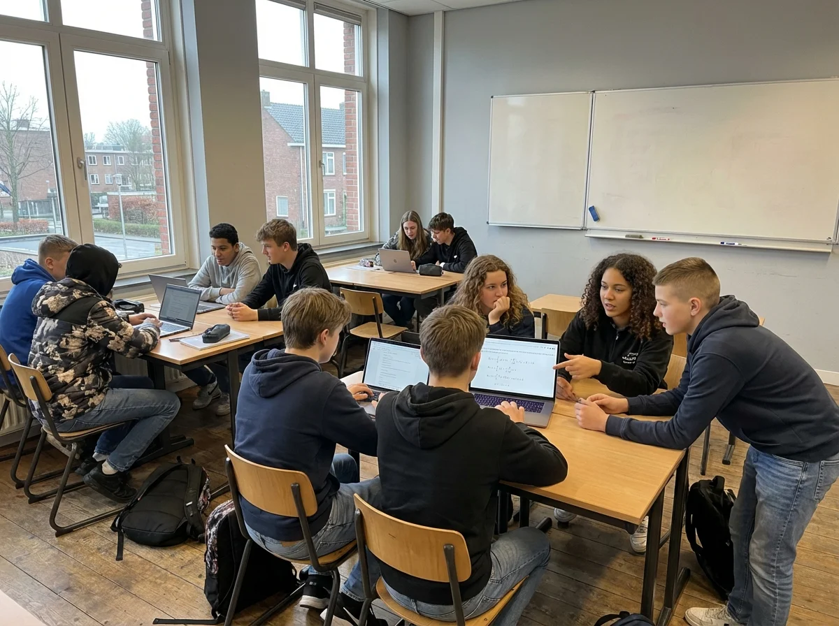 Nederlandse middelbare scholieren werken samen op laptops in de klas