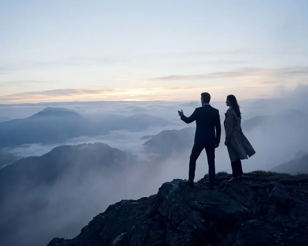 Twee professionals op een bergtop kijken samen naar de horizon