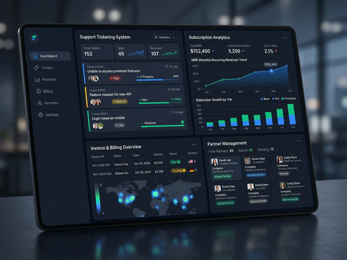 SnapSale admin dashboard met support ticketing, analytics en partner management